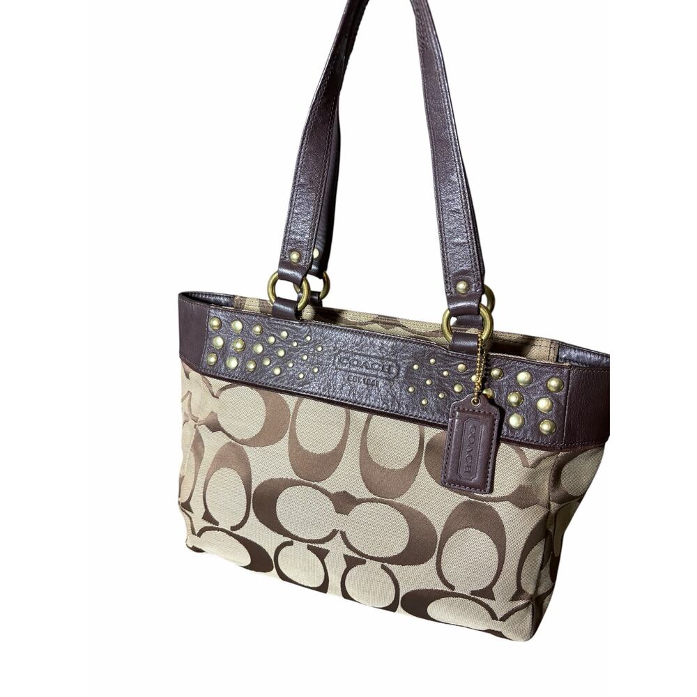 Coach Signature Studded Gallery Tote Brown Canvas Leather Studded F15240 EUC